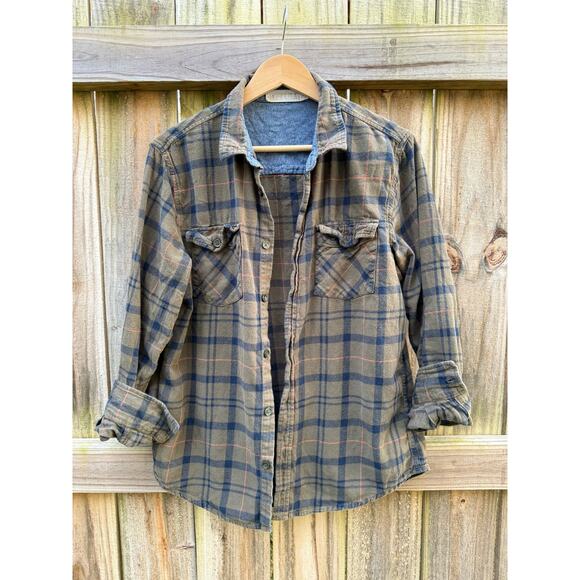 wituli Tops - Wituli Olive + Navy Faded Flannel Shirt